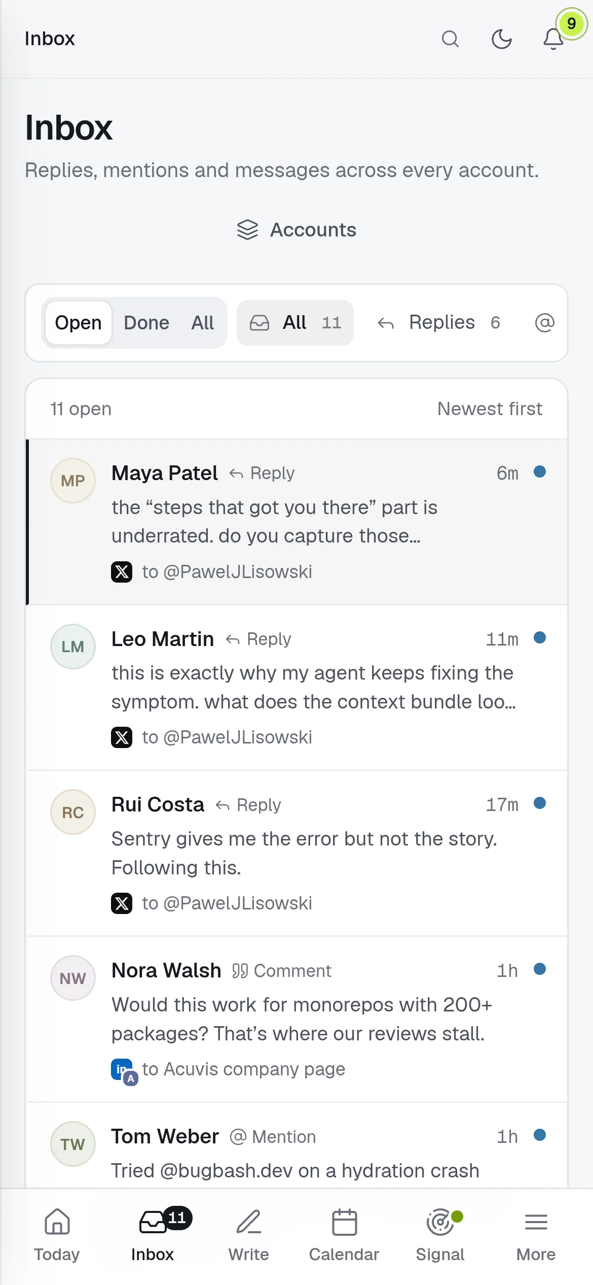 Sigdar on a phone: the inbox with status and type filters, replies from several accounts, and a bottom bar for Today, Inbox, Write, Calendar, Signal and More.